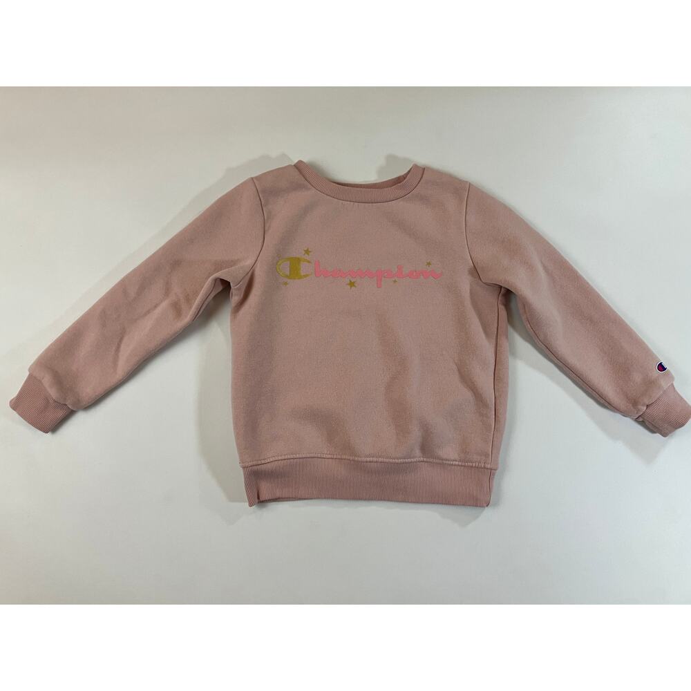 Champion Girls Size 6 Pink Fleece Crewneck Sweatshirt Gold Stars Script Logo